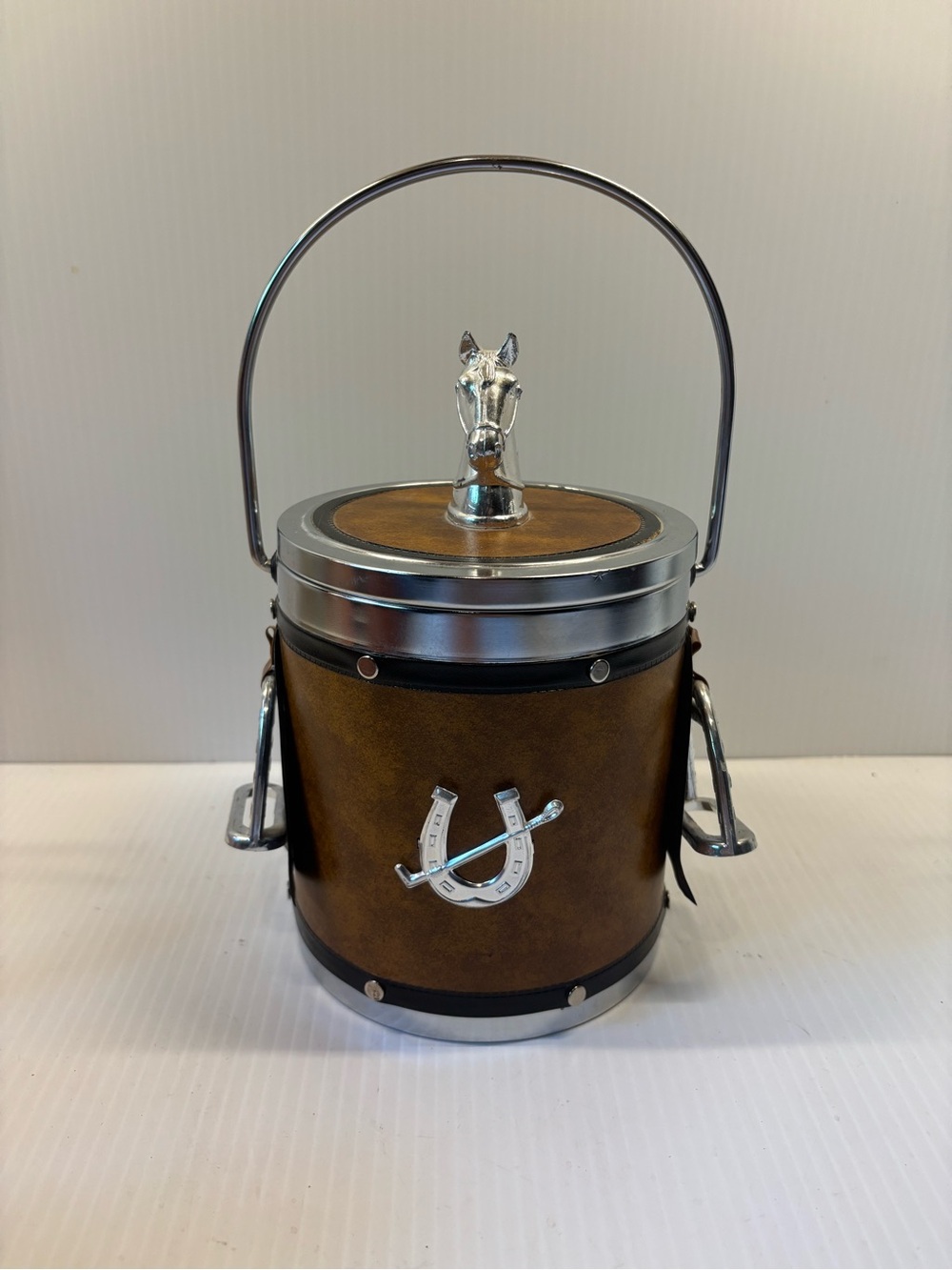 Vintage Brown Horse-Emblem Ice Bucket with Silver Trim and Handle